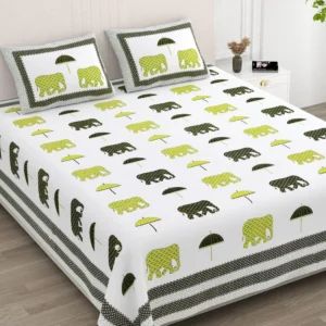 Anarkali Elephant Olive King Size Pure Cotton Bedsheet