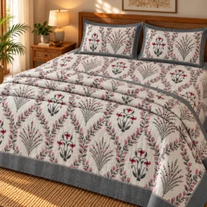 4 Pcs Grey Wildflower Mughal Jaal King Size