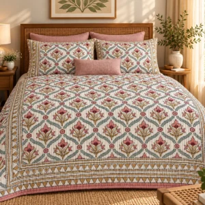 Dusty Rose Mughal Jaal King Size Bedcover