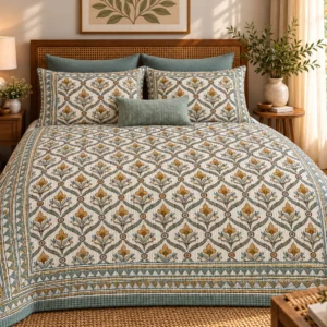 Teal Mughal Jaal King Size Bedcover