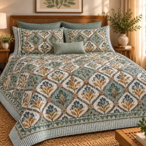 Sage Green Floral Mughal Jaal King Size Bedcover
