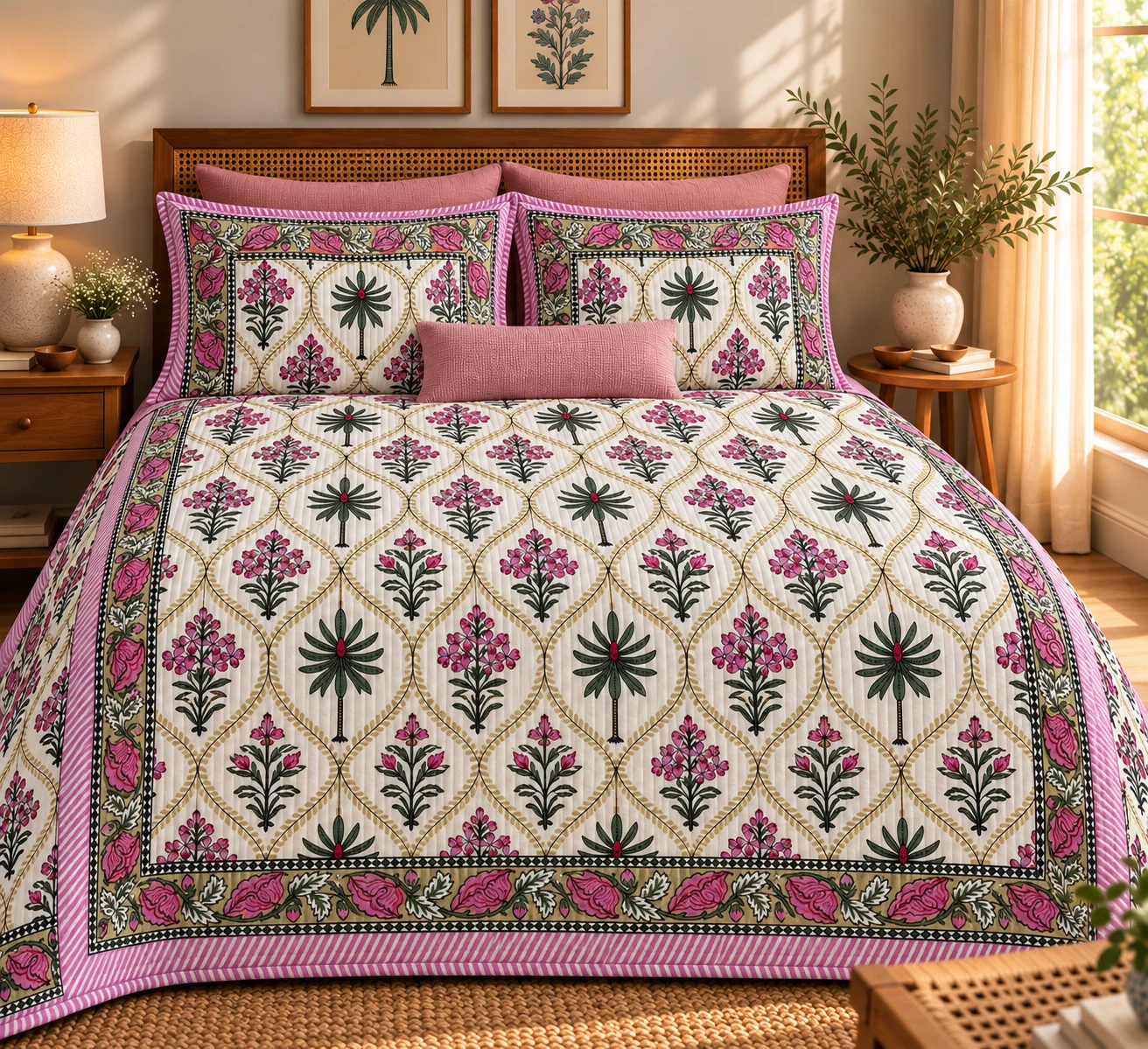 Pink Palm Floral Mughal Jaal King Size Bedcover