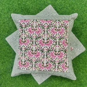 Floral Jaal Panel Stripe Canvas 16 Inch Cotton Cushion Cover (Pair)