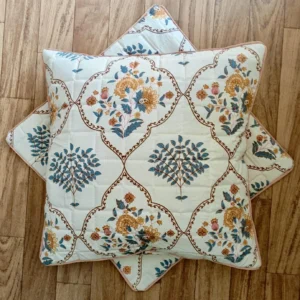 Mustard Yellow Mughal Jaal Quilted 16 Inch Cotton Cushion Cover (Pair)