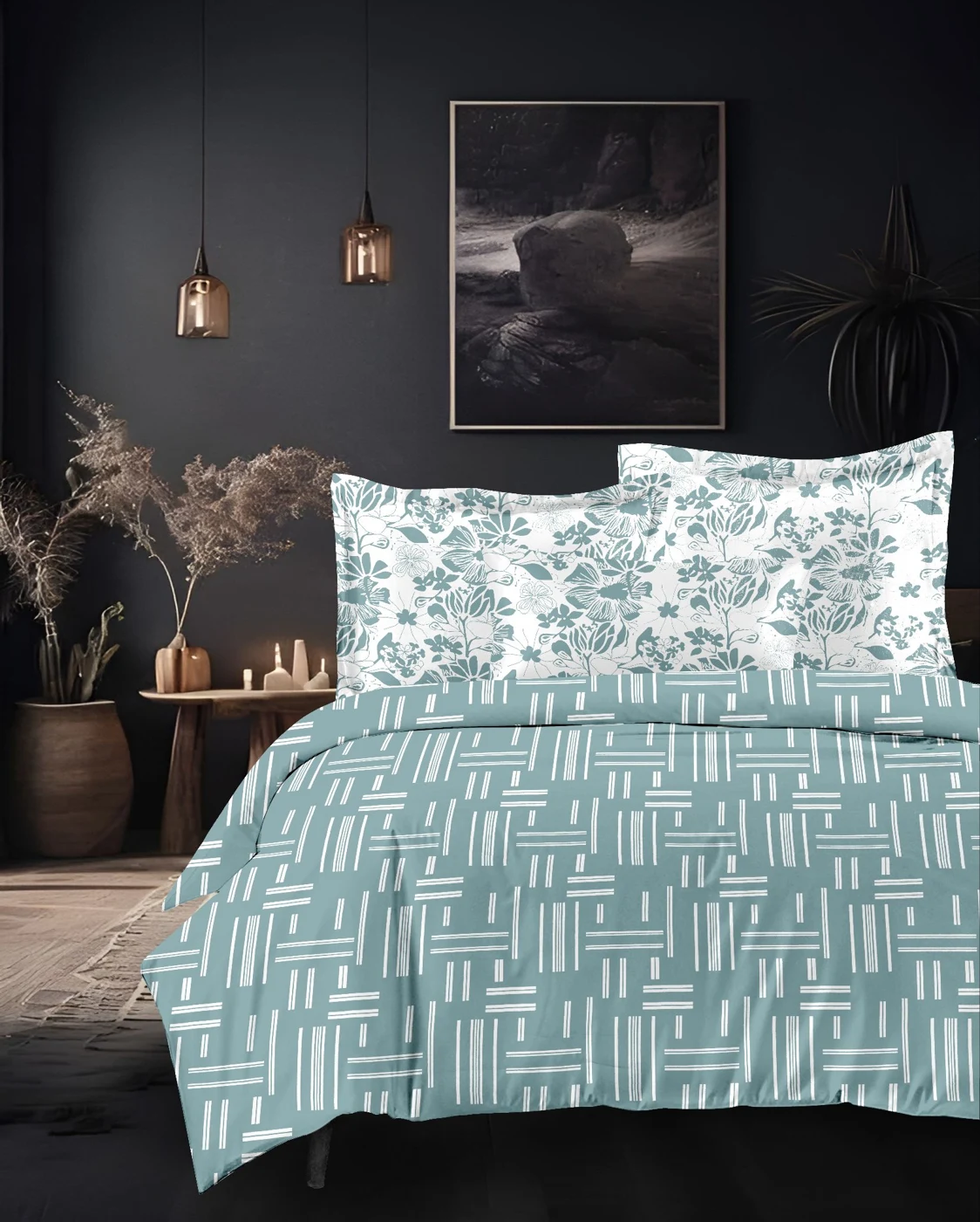 Teal Linear Harmony 200 TC King Size Cotton Bedsheet
