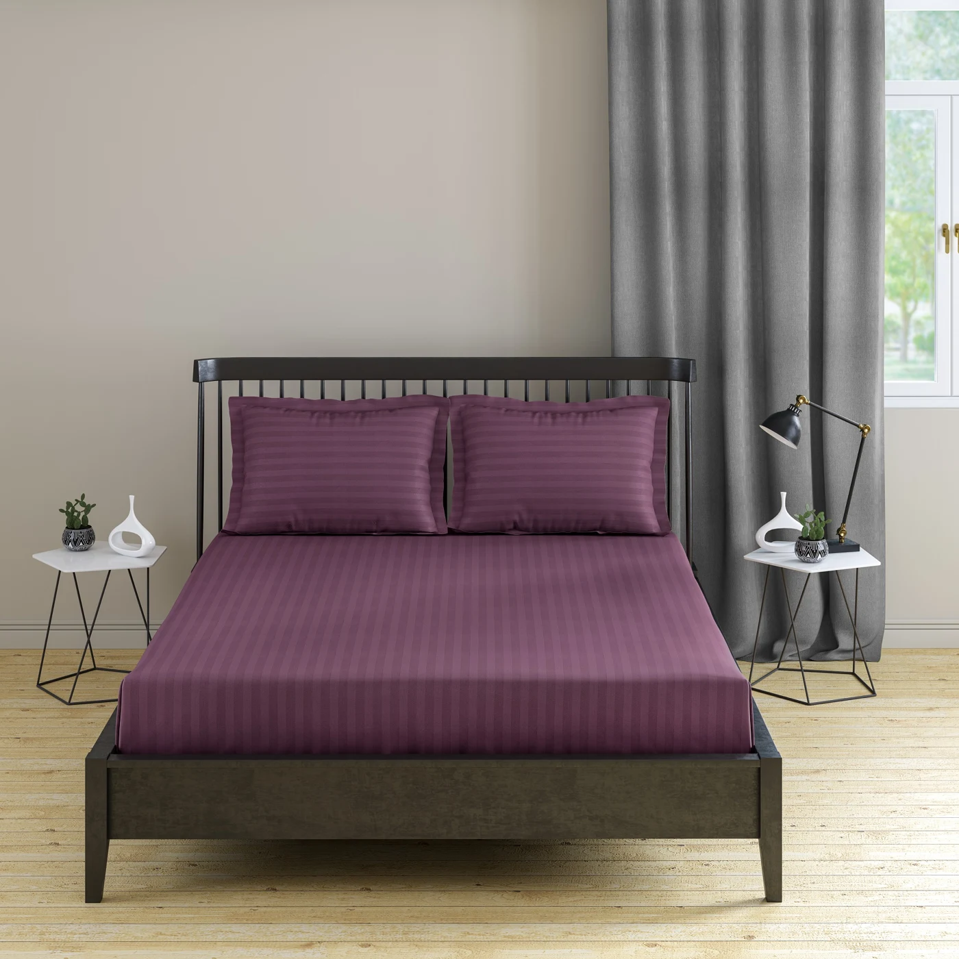 Plum Solid Stripes 200 TC King Size Cotton Bedsheet