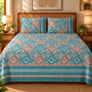 Teal Coral Prism Pattern King Size Pure Cotton Bedsheet