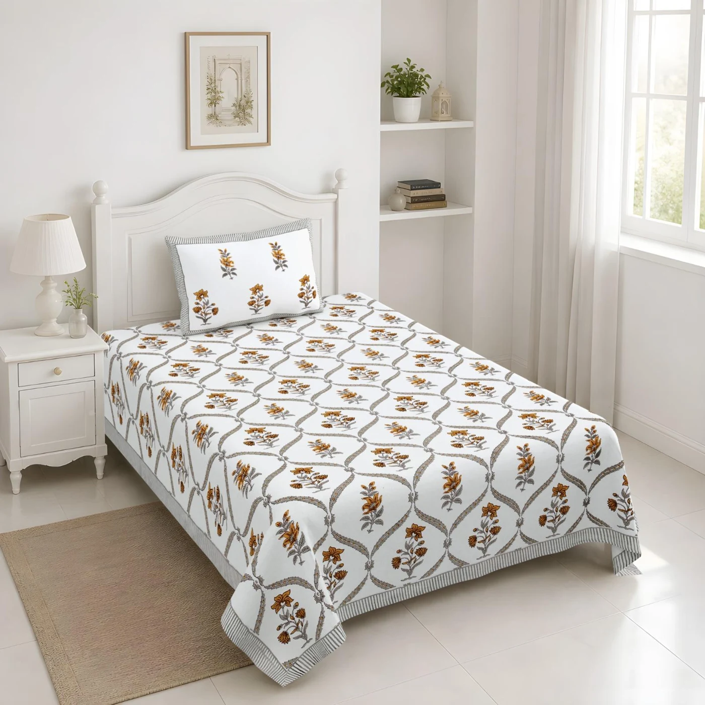 Warm Mustard Floral Mughal Jaal Single Pure Cotton Bedsheet