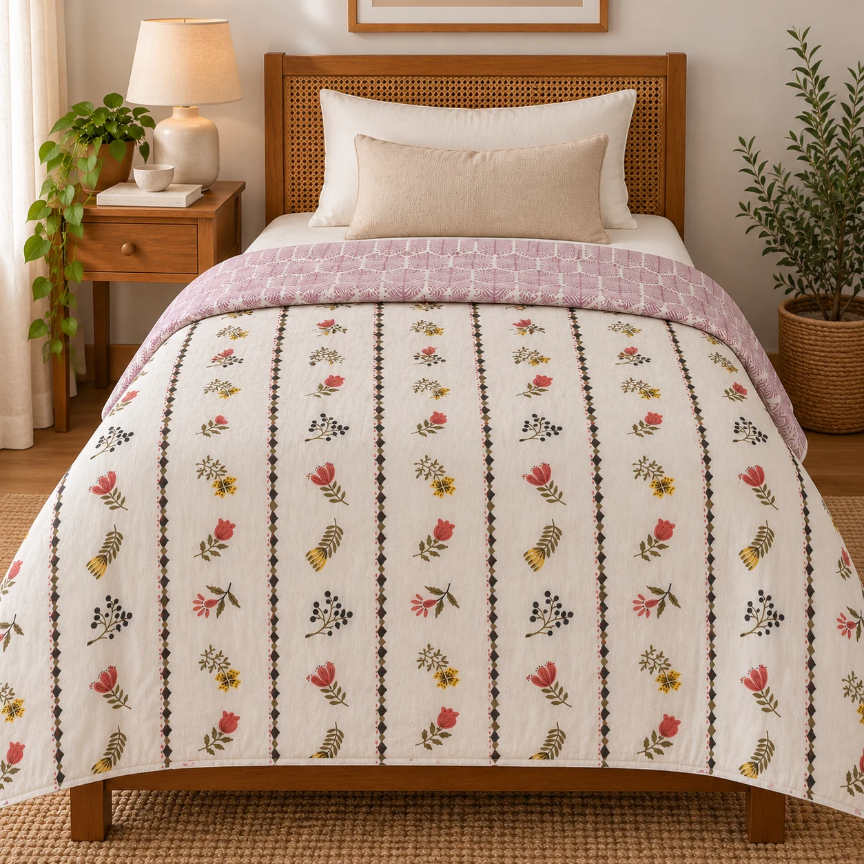 Pink Floral Stripes Reversible Single Dohar