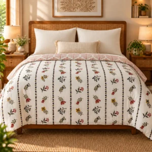 Coral Floral Stripes Reversible Double Dohar