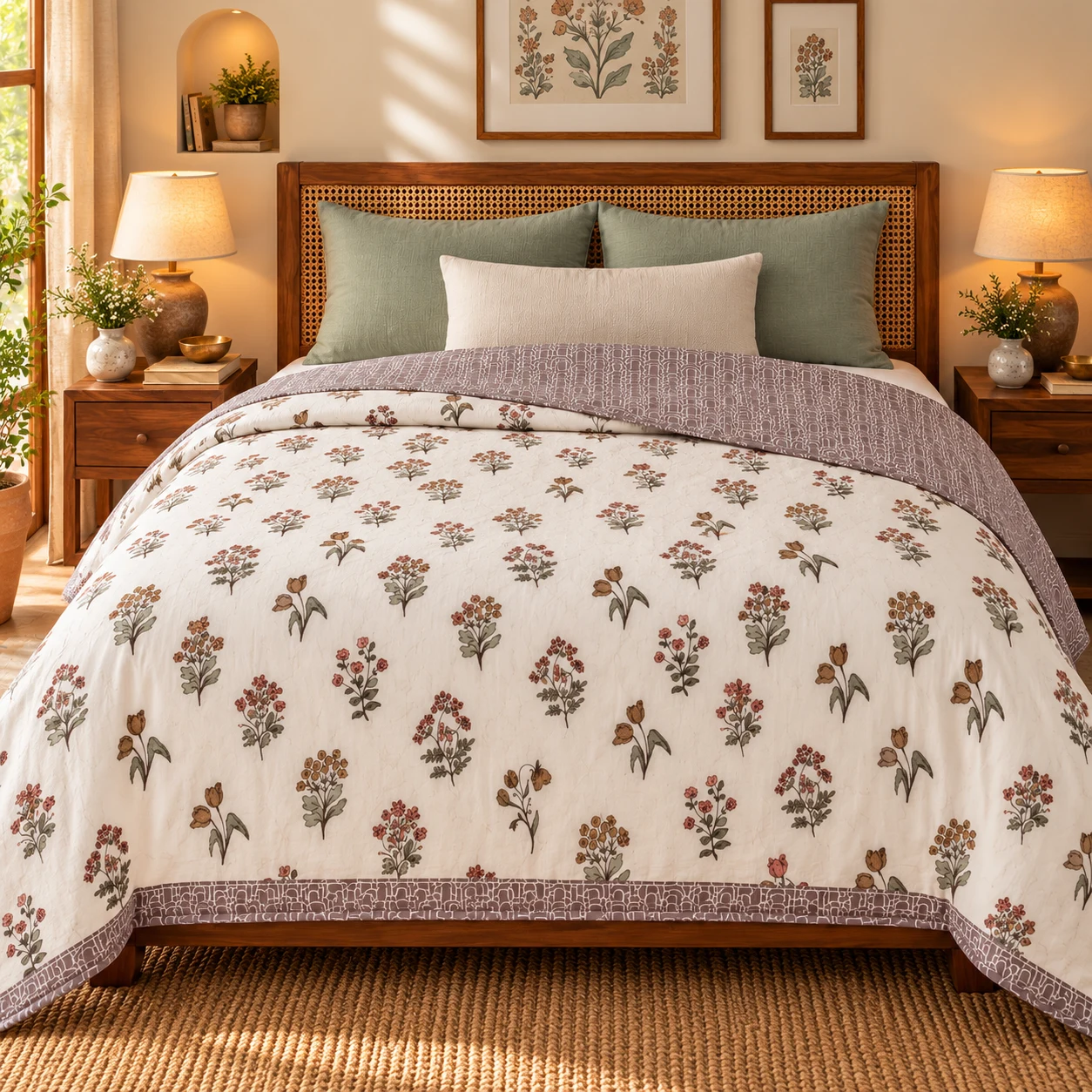 Mauve Cornflower Sprig Reversible Double Dohar