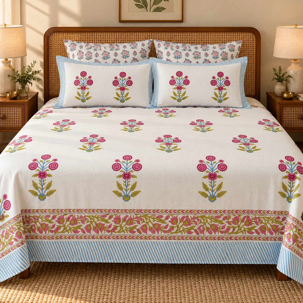 Gulmohar Sky Blue Vine 200 TC King Size Cotton Bedsheet