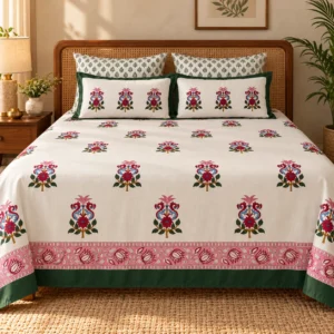 Gulmohar Green Vine 200 TC King Size Cotton Bedsheet