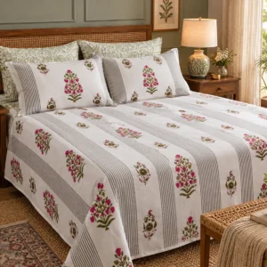 Hastkala Floral Stripe 200 TC King Size Percale Cotton Bedsheet