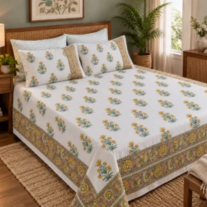 Hastkala Mustard Vine 200 TC King Size Percale Cotton Bedsheet