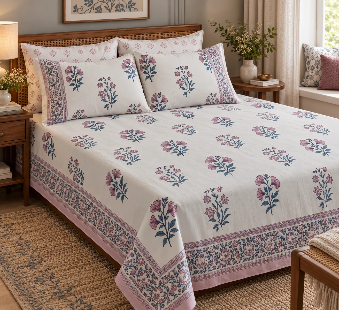 Hastkala Lavender Vine 200 TC King Size Percale Cotton Bedsheet